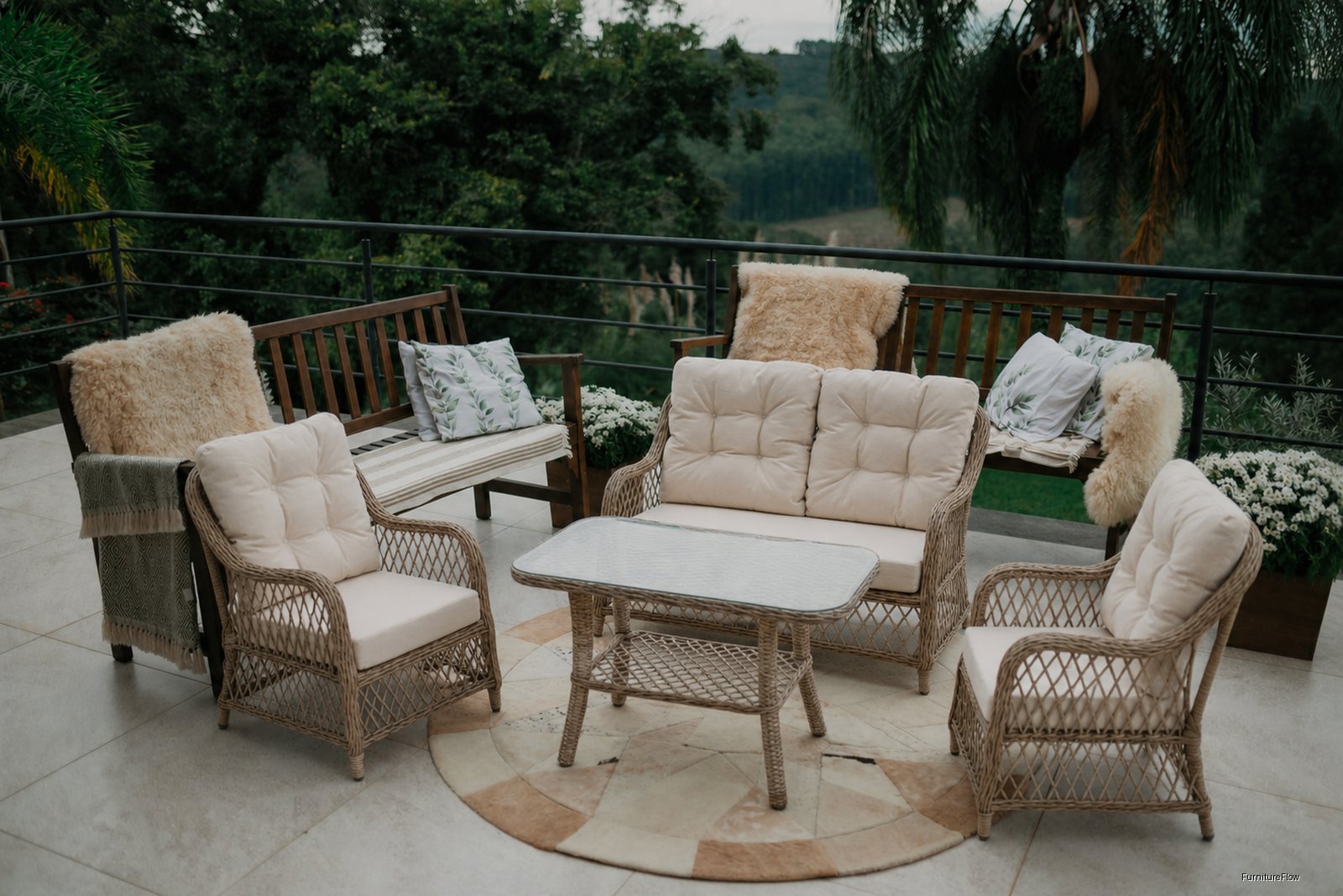 Rattan bahçe takımı, terasa yerleştirilmiş